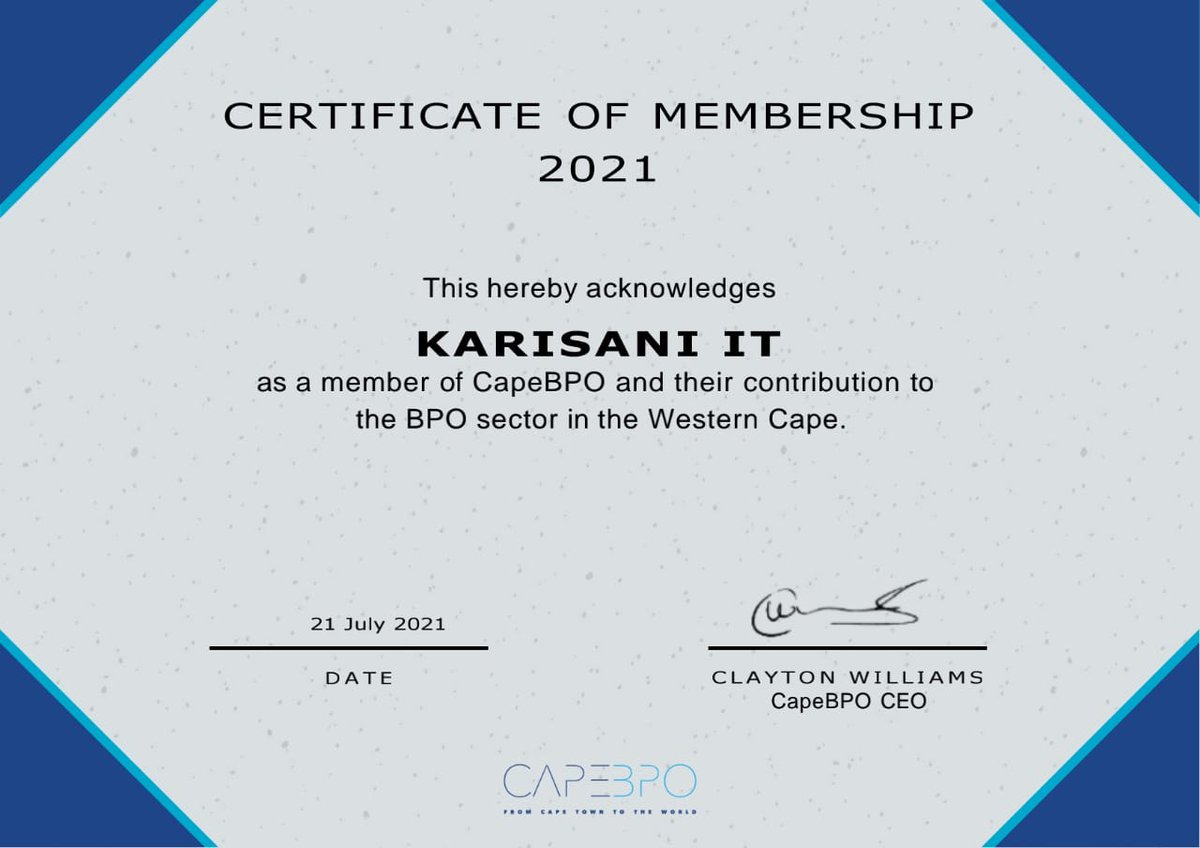 We are proud that officially that' karisani is certified as  a member of Cape BPO..<a href="/CapeBPO/">CapeBPO</a> We looking forward to explore more shared business opportunities and to create sustainable business strategic relationships..