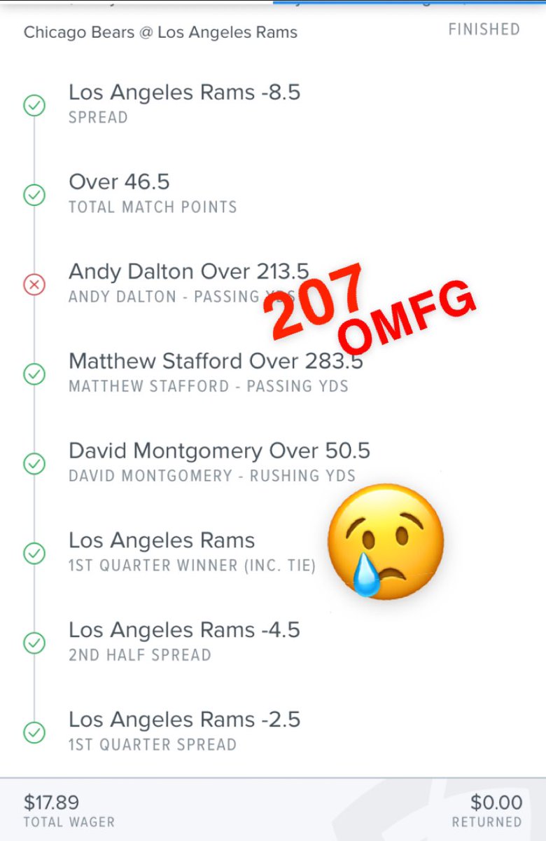 Bet_Win_Invest's tweet photo. @FanDuel My life every week losing just 1   @RamsNFL Vs @ChicagoBears @andydalton14 you couldn’t give me 7 mores yards man 😂 😢 https://t.co/N6z37gXOaM