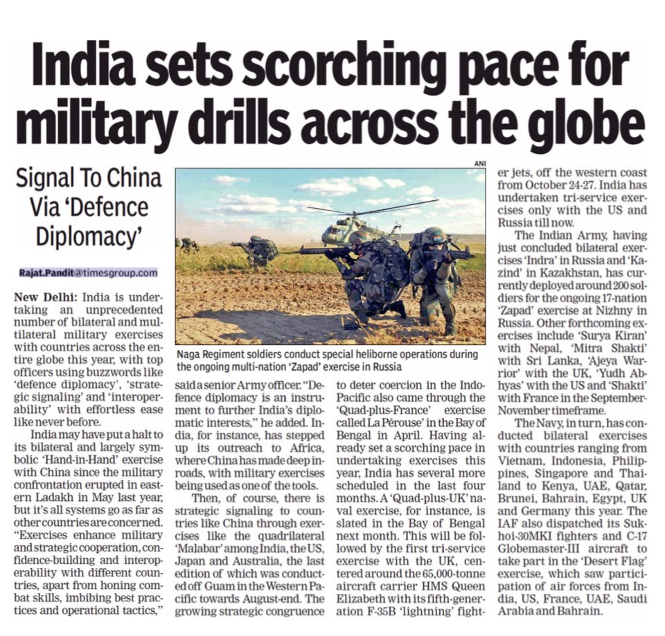 rajatpTOI's tweet image. More #MilitaryExercises are scheduled. Include a `Quad-plus-UK’ in Bay of Bengal next month. Followed by the first tri-service exercise with the UK off the western coast. India has undertaken tri-service exercises only with US &amp;amp; Russia till now. Abridged print version 👇🏼