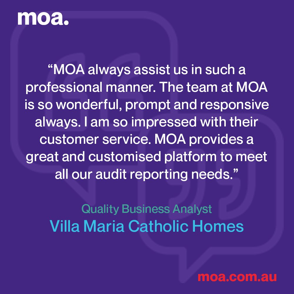MOA Benchmarking (@moabenchmarking) on Twitter photo "MOA provides a great and customised platform to meet all our audit needs".
Contact our team to find out how we can support your quality journey.
📞1300 760 209 | 💻 admin@moa.com.au
#agedcare #agedcareaustralia #NDIS #homecare #quality #MOA "MOA provides a great and customised platform to meet all our audit needs".
Contact our team to find out how we can support your quality journey.
📞1300 760 209 | 💻 admin@moa.com.au
#agedcare #agedcareaustralia #NDIS #homecare #quality #MOA