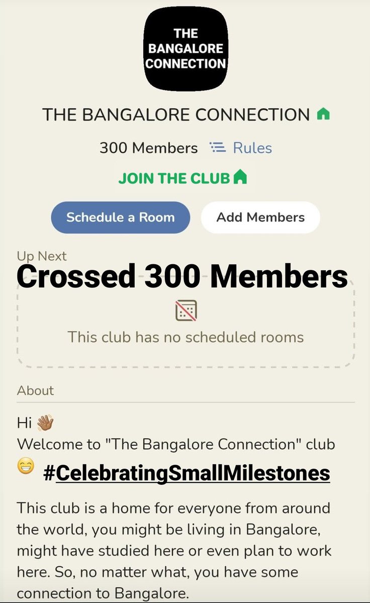 LifeThoughtsCam's tweet photo. "The Bangalore Connection" Club on @Clubhouse has crossed 300 Members 😁 

Do Join: 
https://t.co/A0am2HaYKn 

#Clubhouse 
#ClubhouseBangalore 
#CelebratingSmallMilestones https://t.co/vmw3u7mYsy