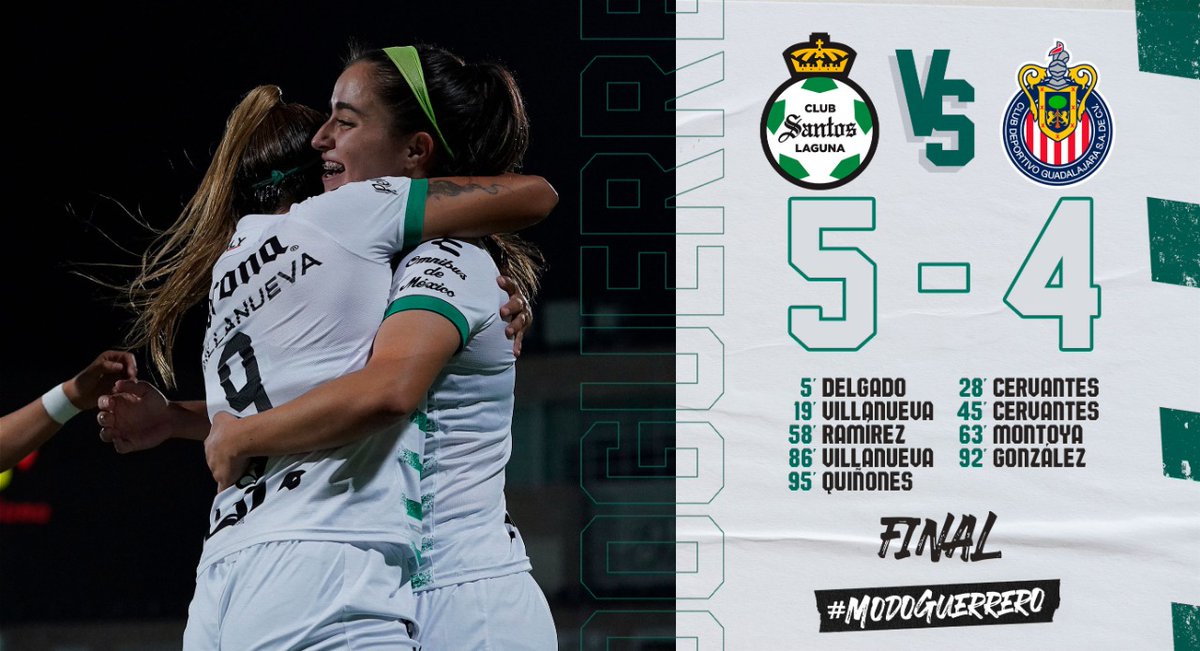 ClubSantosFem's tweet image. 90+5'⏱️ ¡SE ACABÓ! ¡Gol de último minuto y partidazo! ➕3⃣

#SAN 5⃣-4⃣ #CHI 
#ModoGuerrero⚔️ #LigaBBVAMXFemenil