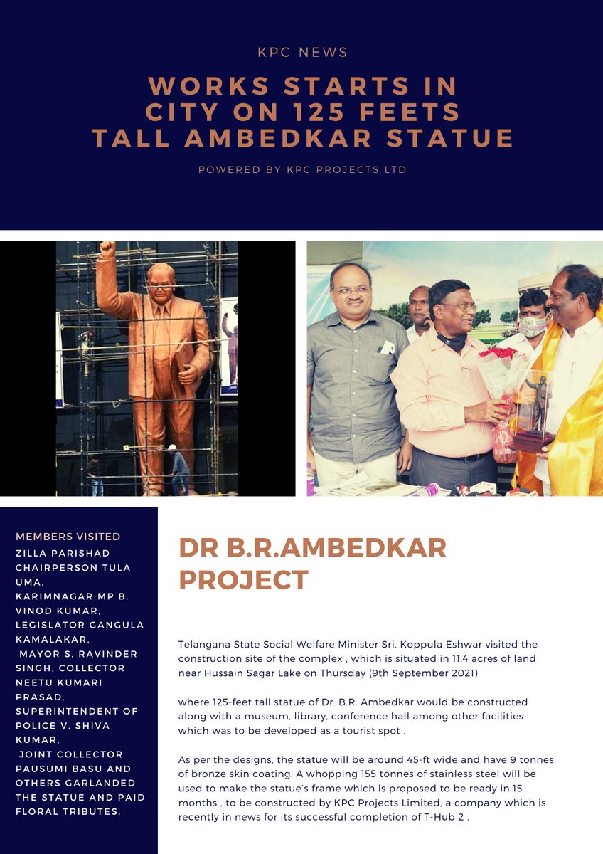 ltd_kpc's tweet photo. Telangana State Social Welfare Minister Sri. @koppulaeshwar visited the construction site of the complex on Thursday (9th September 2021) where 125-feet tall statue of Dr. B.R. Ambedkar. #ministerkoppulaeshwar #kpcprojects #telanganagovt
#ambedkarstatue #ktr #techhyd https://t.co/ESTuf3OBoy