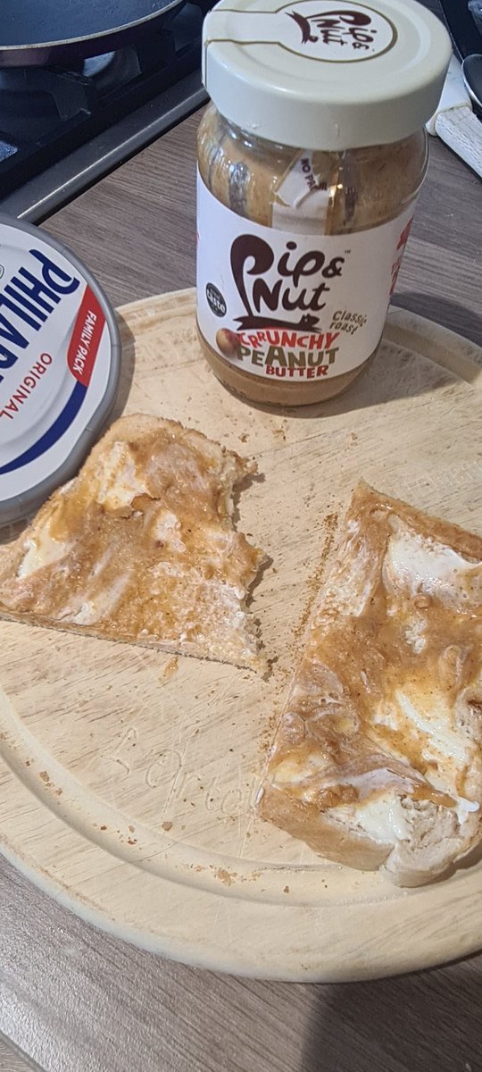McSlippers's tweet image. There's nowt better on hot buttered toast than Philadelphia and peanut butter.