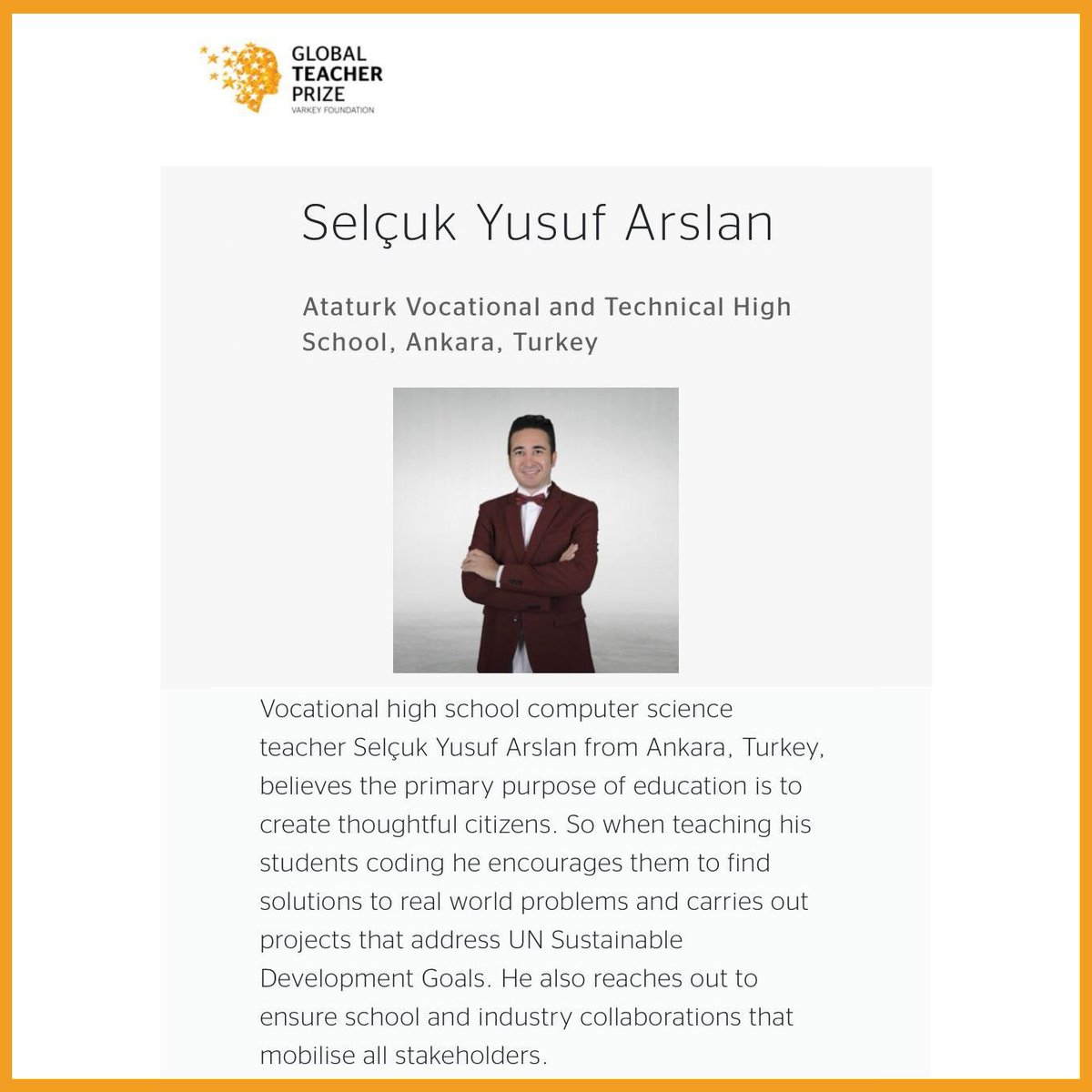 altindagmem's tweet photo. İlçemiz Atatürk MTAL öğretmeni @selcukyarslan eğitim nobeli @TeacherPrize Global Teacher Prize’da dünyanın en iyi 50 öğretmeninden biri seçilmiştir. Öğretmenimizi tebrik ediyoruz...

@tcmeb 
@cumaliatilla21 
@GelenMustafa 
@Harunfatsa
@MemAnkara 
@memoguzyilmaz https://t.co/wDs65ogsG7