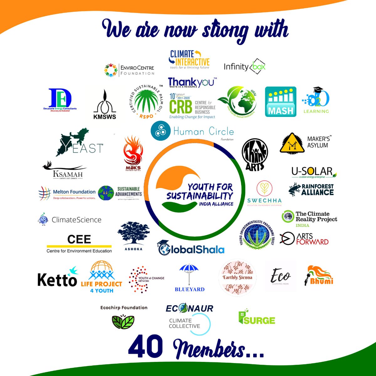 We are super excited to announce that we are 40 members strong and we welcome all onboard !!!

<a href="/Centre4RespBiz/">Centre for Responsible Business</a> <a href="/BhumiOrg/">Bhumi</a> <a href="/ecochirp/">Ecochirp Sustainability School</a> <a href="/MASH_Project/">MASH Project Foundation</a> <a href="/MFGlobalCitizen/">Melton Foundation</a> <a href="/RSPOtweets/">Roundtable on Sustainable Palm Oil</a> <a href="/hctribe/">Human Circle</a> <a href="/swechhaindia/">Swechha</a> <a href="/YEast_India/">Y-East</a> <a href="/ketto/">Ketto</a> <a href="/LP4Yglobal/">Life Project 4 Youth</a> <a href="/AshokaIndia/">Ashoka India</a> <a href="/CEEahmedabad/">CEE India</a>