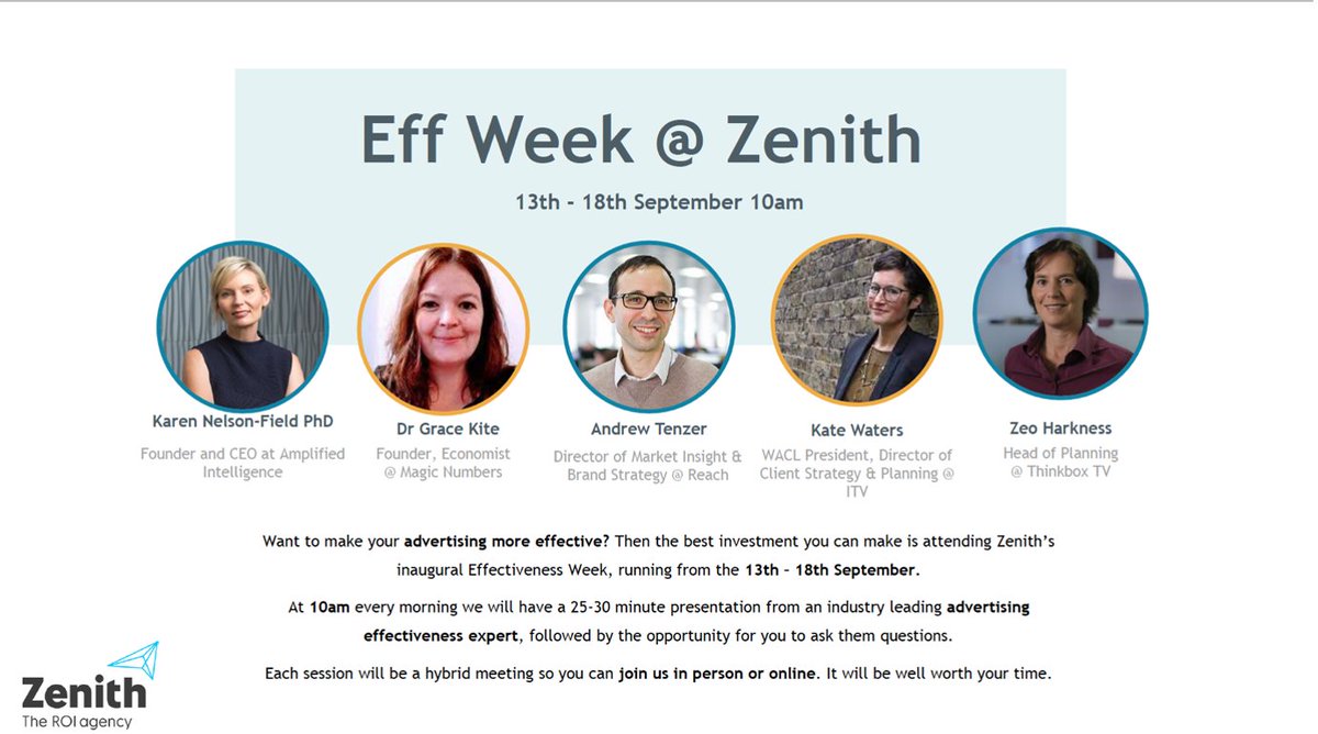 Zenith_Media_UK's tweet photo. It’s #EffWeek here at Zenith! We’ve got a very exciting line-up of industry leading speakers who will join us to discuss advertising effectiveness. 🤩 Thank you @KNelsonField, @Grace_Kite, @thetenzer, Kate Waters and Zeo Harkness! https://t.co/WWrUIxbgaD