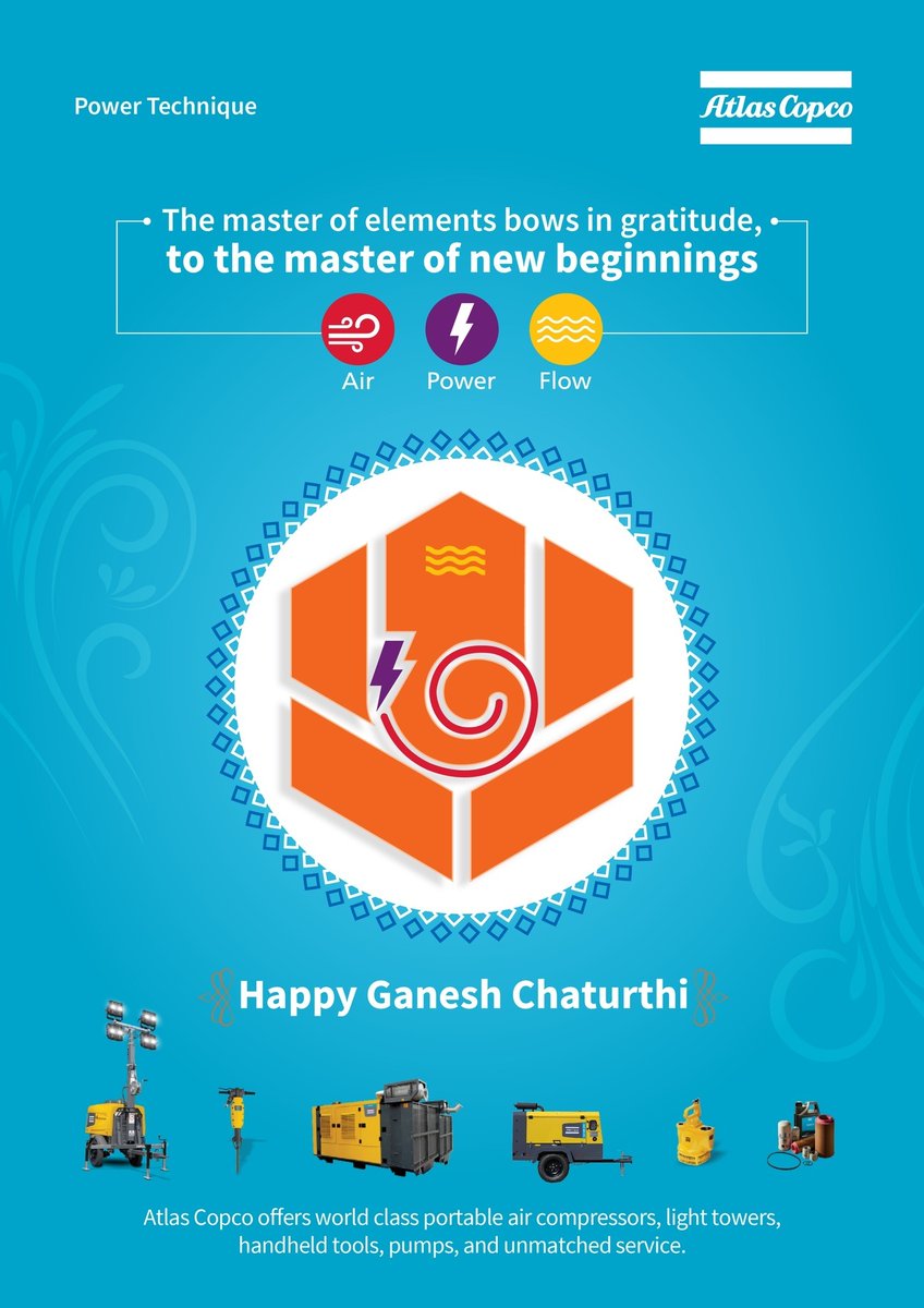 AtlasCopcoIndia's tweet image. We the Master of Elements seek blessings from the Master of new beginnings for safer &amp;amp; smoother operations of our customers.
Happy Ganesh Chaturthi from the experts in the elements of air,light &amp;amp; flow with our #portableaircompressors,#lighttowers,#handheldtools,#pumps &amp;amp; #service.