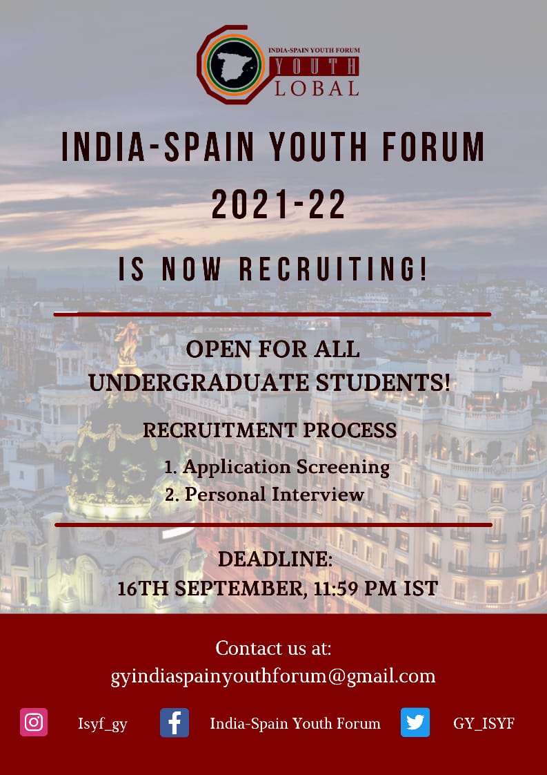 GY_ISYF's tweet photo. Greetings 🇮🇳🇪🇸

India-Spain Youth Forum is now recruiting! 

The recruitment is open to all undergraduate students.

Kindly apply at: https://t.co/lb1P62CRAk

Deadline: 11:59 PM, 16th September 2021

Recruitment Process:
1. Application Screening
2. Personal Interview https://t.co/GRgF7BYI2w