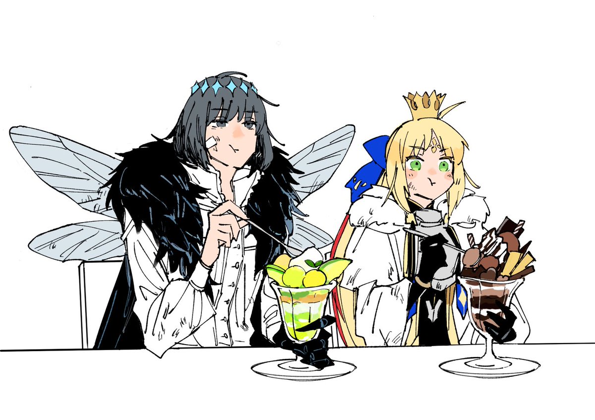 artoria caster (fate) ,artoria pendragon (fate) ,oberon (fate) 1girl 1boy blonde hair crown food insect wings green eyes  illustration images