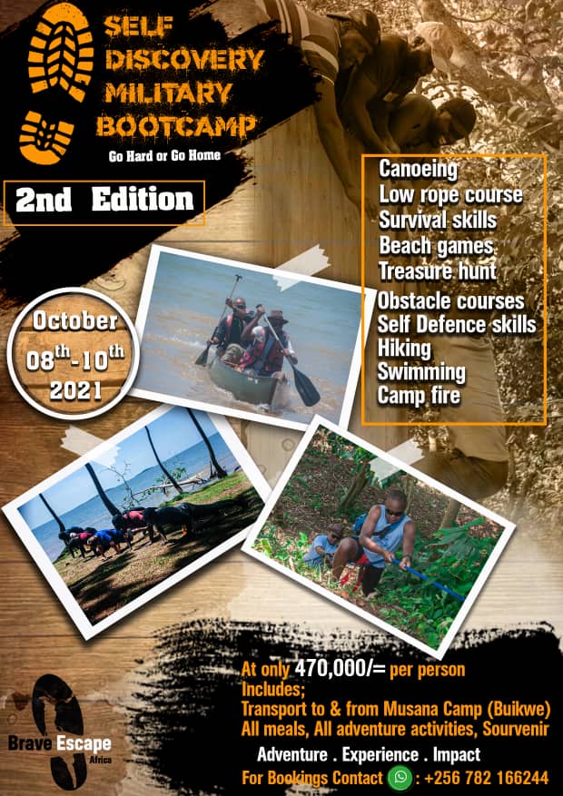 Adventure lovers you ought to miss the 2nd Edition of Self Discovery Military Bootcamp happening this Independence day holiday from 8th-10th October 2021.

Have your Ugx: 470K ready. It will cater for all adventure activities, meals and transport 

Cc: <a href="/braveescape/">Brave Escape Africa</a>