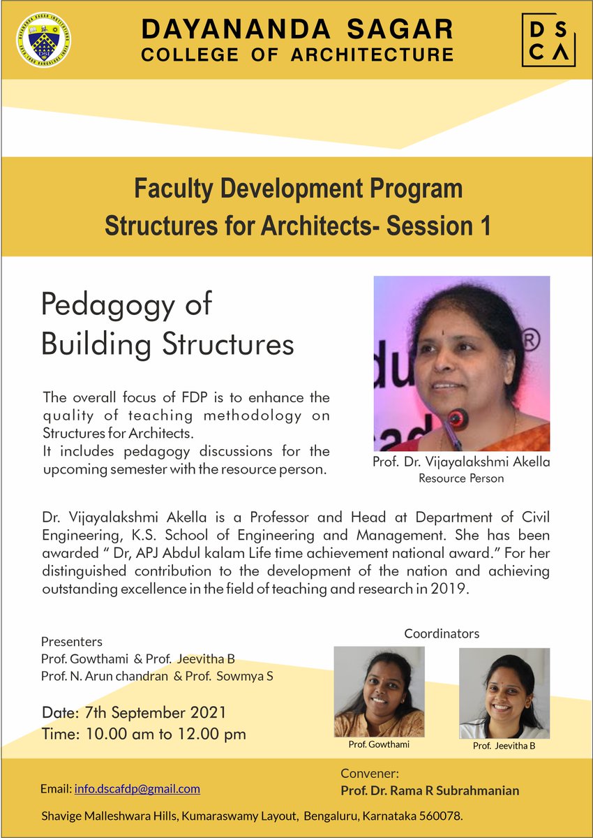 DSCA81051717's tweet photo. DSCA Distinguished Speaker Series:
#Teachingmethodologyonstructuresinarchitecture 
#pedagogyofbuildingstructures   
#learningthroughresearch
#FDP #dayanandasagarcollegeofarchitecture #dscaspeakers #DistinguishedSpeakerSeries. https://t.co/01aIa9CKxT