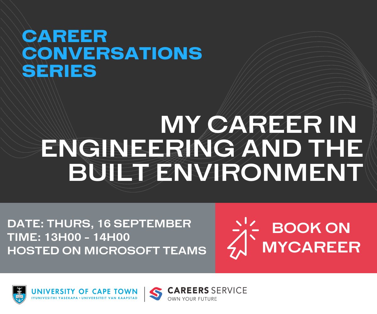 UCTCareers's tweet photo. Are you interested in hearing more about careers in Engineering and the Built Environment? Join us THIS Thursday 16 September at 1pm for Career Conversations! Book here - https://t.co/LwUwpQ1VIc https://t.co/spttfF5qdB