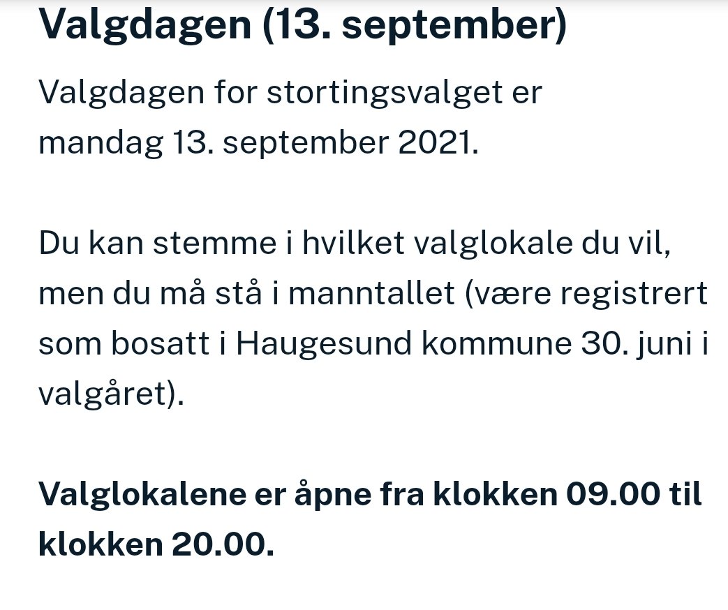 Kan dere SLUTTE å si at valglokalene er åpne til klokken 21:00?
Dette har blitt sagt flere ganger både i går og i dag. 
Her i Haugesund stenger de feks 20:00, og det er sikkert lokaler som stenger enda tidligere også. #nrkvalg #2valg #nyhetsmorgen #valg2021