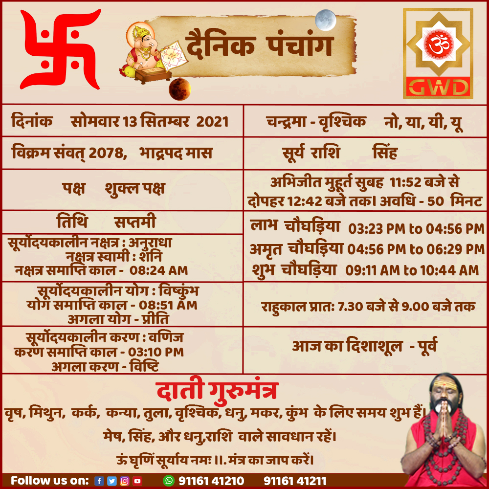 ShanidhamTrust's tweet photo. #AajkaPanchag #13सितंबर2021
#gwd #gurumantrawithdaatimaharaj #panchag #rahukal #शुभ_चौघडिया #लाभ_चौघडिया #अमृत_का_चौघडिया #अभिजीत_मुहूर्त #shubhlaabh #Choghadiya #AajkiYatra #शुभ_मुहूर्त #आज_का_पंचांग #daati #daatimaharaj
#SriShaniDham #ShaniDhamAsola #shanidevmandir #shanidham https://t.co/OxtHD1aVSk