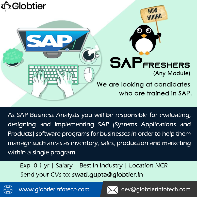 globtierinfotec's tweet photo. We are hiring SAP Freshers (any module). We are looking at candidates who are trained in SAP. Exp- 0-1 yr | Salary – Best in industry | Location-NCR | Send your Cvs to swati.gupta@globtier.in
#wearehiring #SAP #saphire #saphiring #SAPFreshers #SAPfresher #SAPModule #freshers https://t.co/a5bmwzdiil