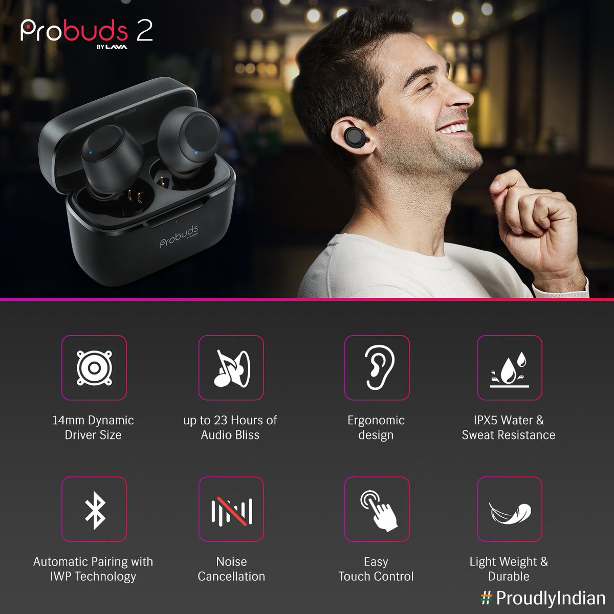 LavaMobile's tweet photo. The Lava #Probuds2 are here to level up your audio experience. With 14mm Dynamic Driver Size, Easy Touch Controls, Automatic Pairing with IWP Technology and much more! 
Click on https://t.co/cu7j6XiyaL to buy one now!

#ProudlyIndian #SoundThatSoundsBetter #Lava #LavaMobiles https://t.co/WRdSEq9zQV