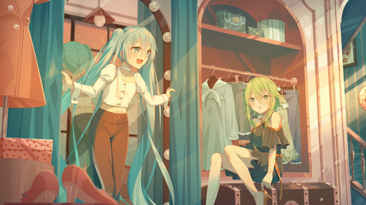 gumi ,hatsune miku multiple girls 2girls long hair shirt green hair very long hair twintails  illustration images
