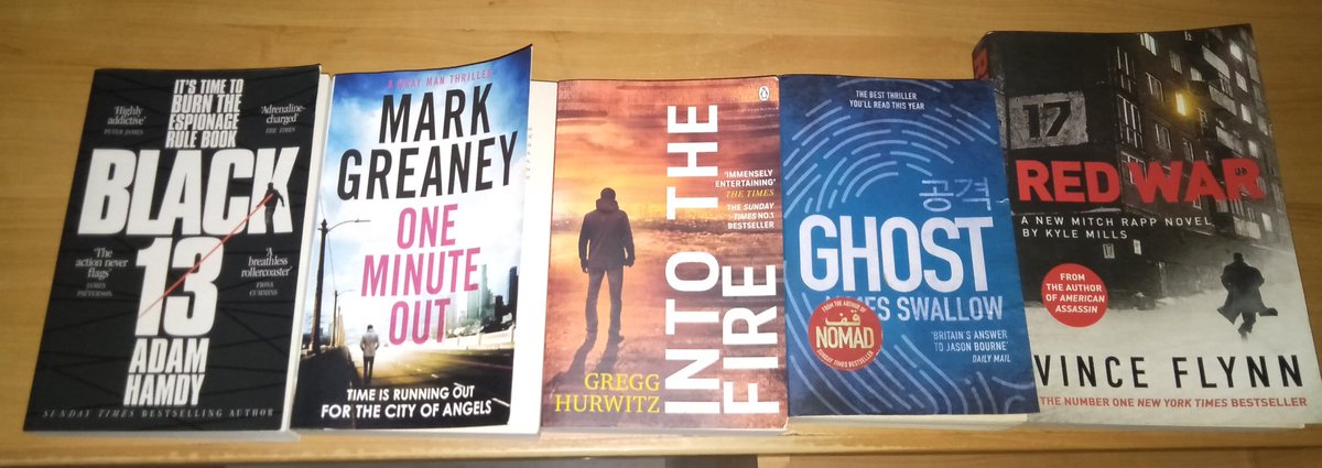 KronosAnanth's tweet photo. New book haul! 
😃😆🤠😎

#Black13 by @adamhamdy, 
#OneMinuteOut by @MarkGreaneyBook, 
#IntoTheFire by @GreggHurwitz, #Ghost by @jmswallow, &amp; 
#RedWar by @KyleMillsAuthor/@VinceFlynncom. 
#MitchRapp, #MarcDane, #EvanSmoak, #CourtGentry, &amp; #ScottPearce are a dangerous line up. ☠️ https://t.co/P5CmVoRkBj
