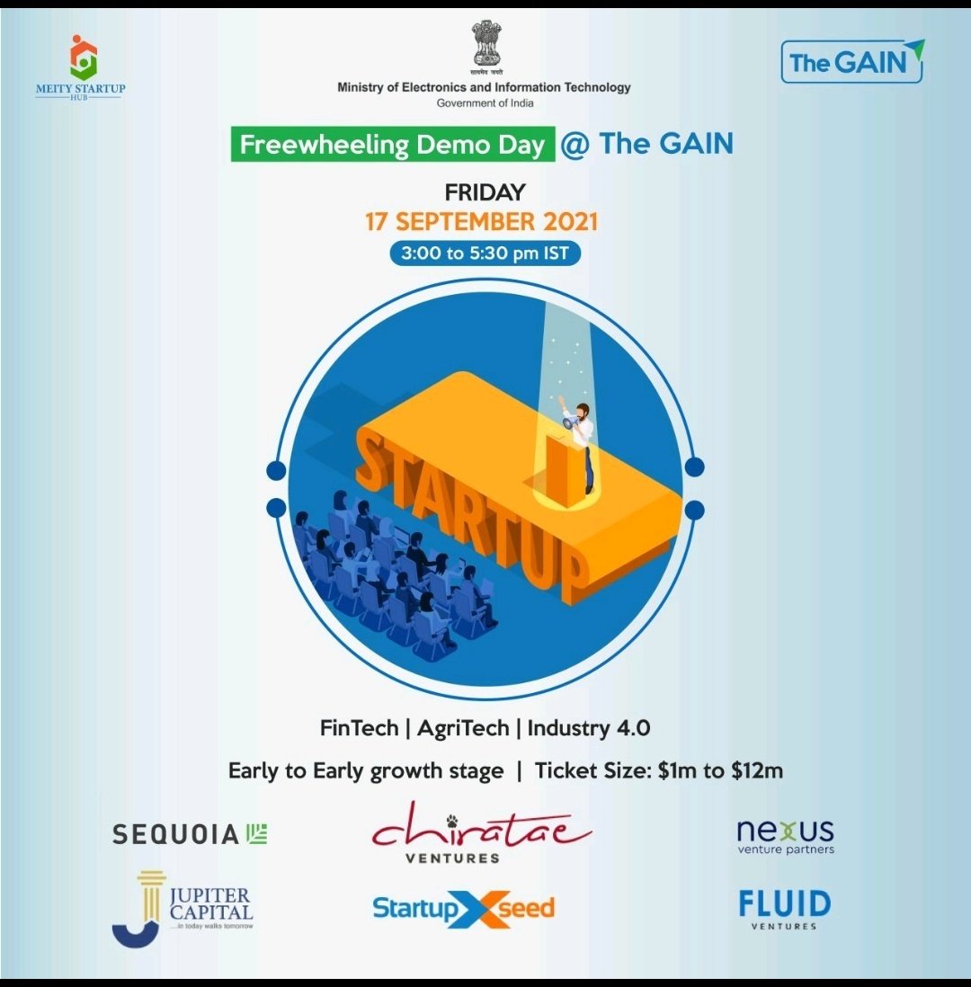MeitY Startup Hub (@meitystartuphub) on Twitter photo The GAIN calls for applications for *Freewheeling Demo Day*|Friday,17th September 2021|3-5:30pm|For Fintech and Agritech Startups:Industry 4.0:Early to early growth stage startups| Link:crowdproduct.com/event/the-gain…| <a href="/GoI_MeitY/">Ministry of Electronics & IT</a> <a href="/PMOIndia/">PMO India</a> <a href="/AshwiniVaishnaw/">Ashwini Vaishnaw</a> <a href="/gainforstartups/">The GAIN</a> <a href="/JeetKVijay/">JVijay</a> The GAIN calls for applications for *Freewheeling Demo Day*|Friday,17th September 2021|3-5:30pm|For Fintech and Agritech Startups:Industry 4.0:Early to early growth stage startups| Link:crowdproduct.com/event/the-gain…| <a href="/GoI_MeitY/">Ministry of Electronics & IT</a> <a href="/PMOIndia/">PMO India</a> <a href="/AshwiniVaishnaw/">Ashwini Vaishnaw</a> <a href="/gainforstartups/">The GAIN</a> <a href="/JeetKVijay/">JVijay</a>