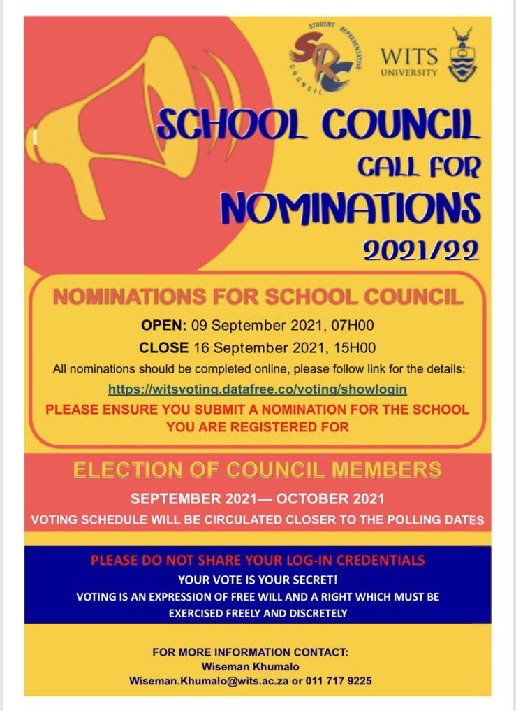Attention! Nominations are open and close this Thursday 16 September - good luck! witsvoting.datafree.co/voting/showlog… <a href="/TheWPSC/">WPSC</a> <a href="/WitsMSC/">Wits MSC</a>