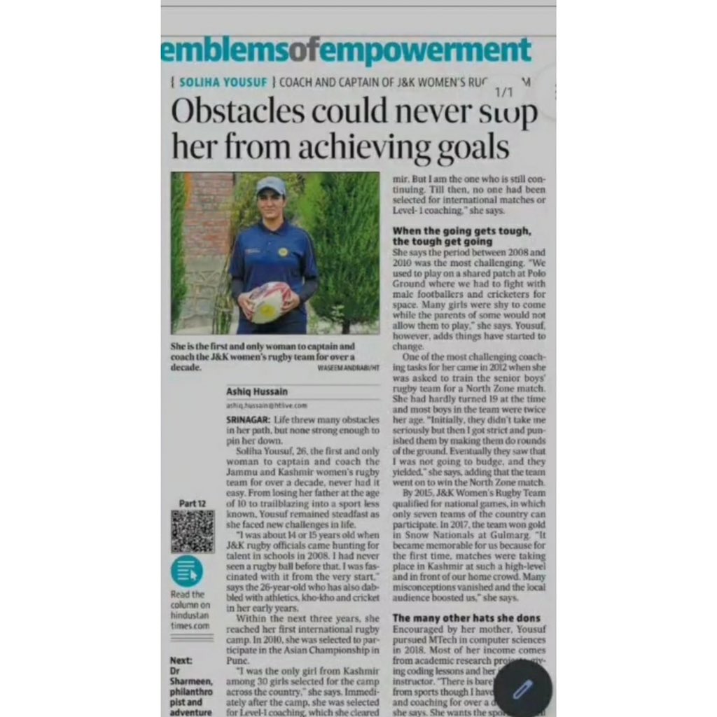 Obstacles could never stop her from achieving goals Jk Rugby women coach @sheikh_soliha  
@JKSportsCouncil @RugbyIndia @manojsinha_ @Farooqkhan953 @AlokKum36531399 @nuzhatjehangir @KirenRijiju @ianuragthakur @htTweets @OfficeOfLGJandK @asiarugby @WorldRugby