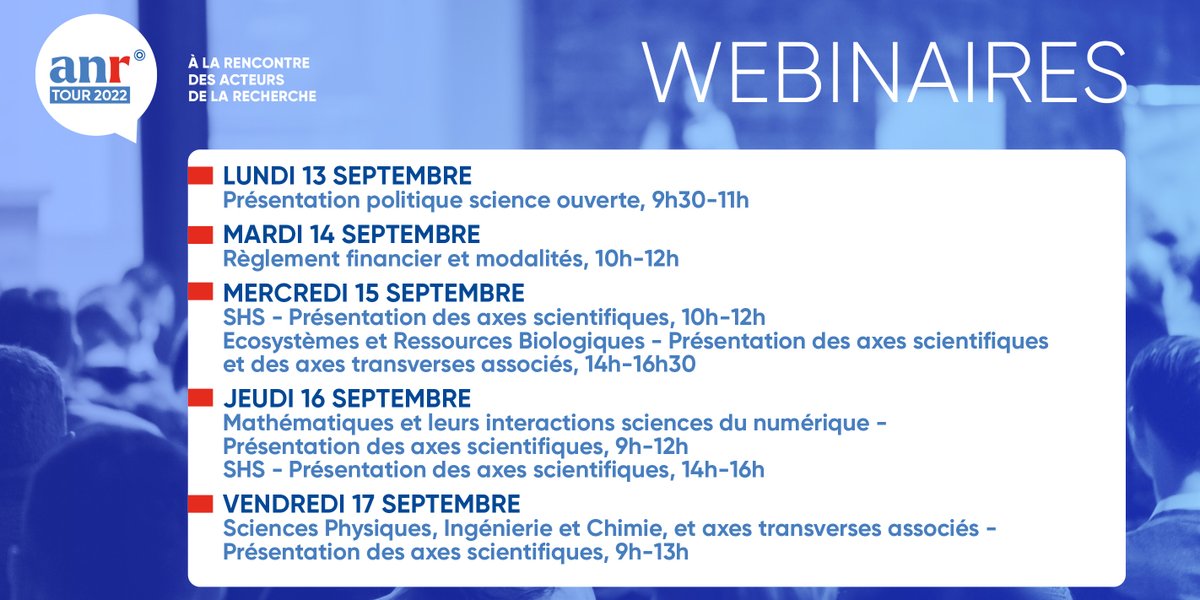 AgenceRecherche's tweet photo. #ANRTour L’#ANR organise une série de #webinaires d’information et d’échanges sur les aspects scientifiques, administratifs et financiers des appels à projets de #recherche. Découvrez les thématiques des sessions proposées du 13 au 17 septembre 2021.
👉https://t.co/4Sy2G4u6NX https://t.co/GcEtUbvDH5