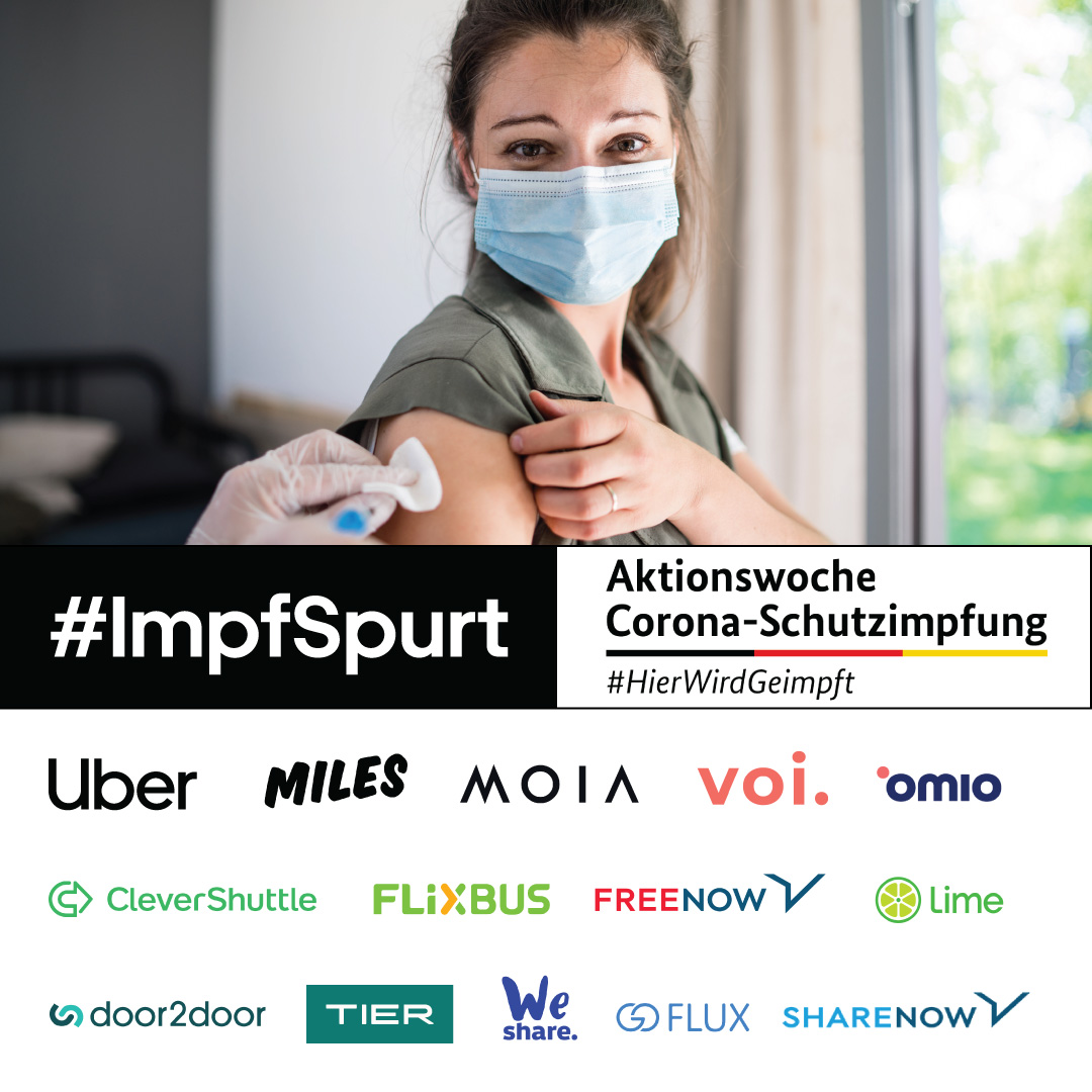 Unsere #Impfaktionen gehen weiter: Zusammen mit Deutschlands digitalen #Mobilitätsunternehmen unterstützen wir Euch beim #Impfen 💉♥️.

WIR gemeinsam gegen die 4. Welle 💪!

#Impfspurt #HierWirdGeimpft #Ärmelhoch #VierteWellebrechen #CoronaSchutzimpfung <a href="/BMG_Bund/">Bundesgesundheitsministerium</a>