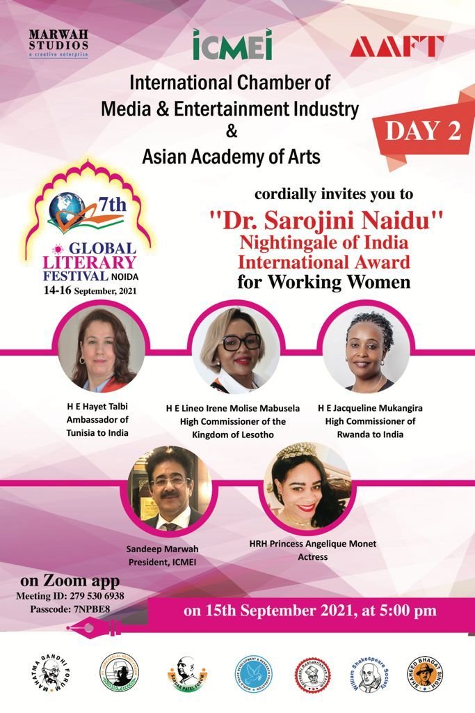EventsatAAFT's tweet photo. International chamber of Media and Entertainment Industry &amp; Asian Academy of Arts cordially invites you to *"Dr. Sarojini Naidu" Nightingale of India International Award* for working women. Join the meeting with zoom app on 15th September 2021 at 05:00 pm.

#india #zoomapp #trend https://t.co/9ZRNcuMLhs