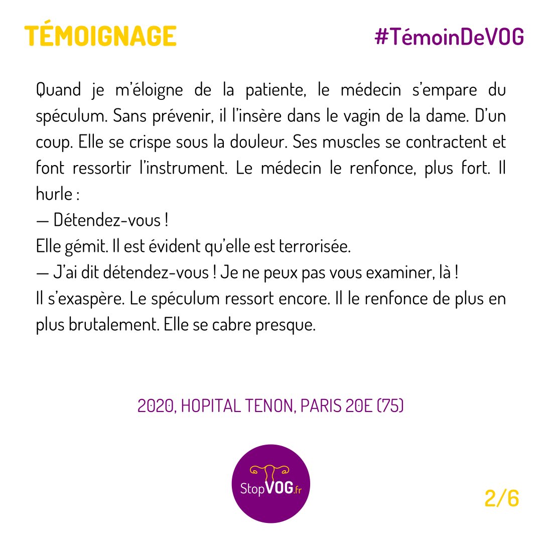 StopVOGfr's tweet photo. Bravo à cette étudiante en médecine qui dénonce les violences gynécologiques dont elle a été témoin pendant son stage à l’hôpital Tenon AP-HP à Paris ⚠️

💜 Parler c’est refuser d’être complice. Vous aussi témoignez !

#StopOmerta @HopitalTenon 1/2 https://t.co/82gcyhC8E1