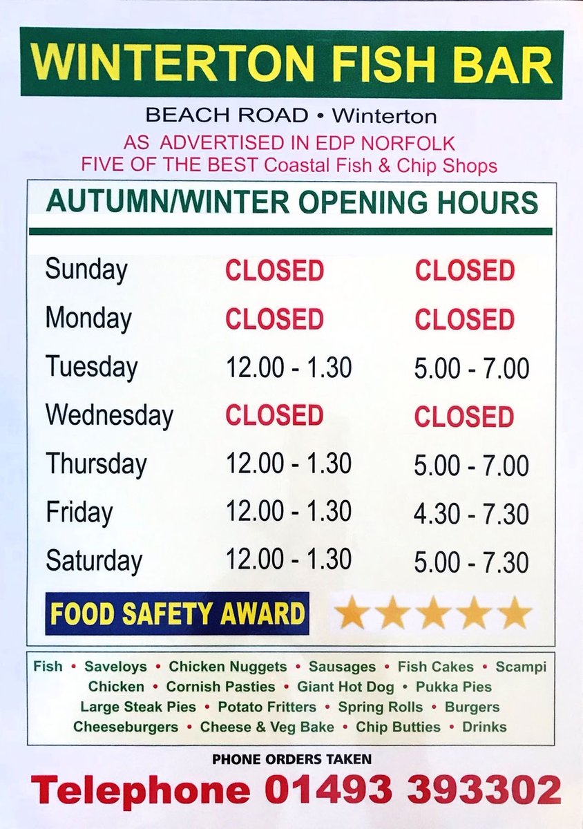 Winterton0nSea's tweet image. AUTUMN opening hours start today at the car park and the fish bar. The car park opens from 8.30am until 6.00pm and the chippy opens on Tuesday, Thursday, Friday and Saturday, times vary - see below. WINTERTONONSEA.CO.UK #WintertonOnSea #CarPark #FishBar