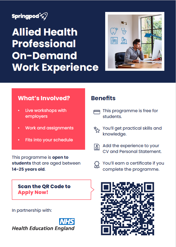 ESHT_AHPs's tweet photo. Are you a student who is looking  at a career as an AHP?  Here is an exciting opportunity for 'On demand virtual work experience called Springpod'
This program offers 10 hours of virtual work experience.
Access:
For a student that is at school or college: 
https://t.co/y51ROIGBGn https://t.co/bVjQFl5mha