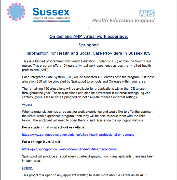 ESHT_AHPs's tweet photo. Are you a student who is looking  at a career as an AHP?  Here is an exciting opportunity for 'On demand virtual work experience called Springpod'
This program offers 10 hours of virtual work experience.
Access:
For a student that is at school or college: 
https://t.co/y51ROIGBGn https://t.co/bVjQFl5mha