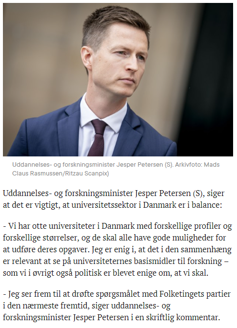 Vigtigt signal fra <a href="/Jesper_Pet/">Jesper Petersen</a> om basisforskningsmidlerne.

I @BRNnorth håber vi, #dkpol kan samles om at gøre op med fortidens privilegier og en særordning, som fastholder en strukturel ulighed.

#dkforsk #forskdk #uddpol