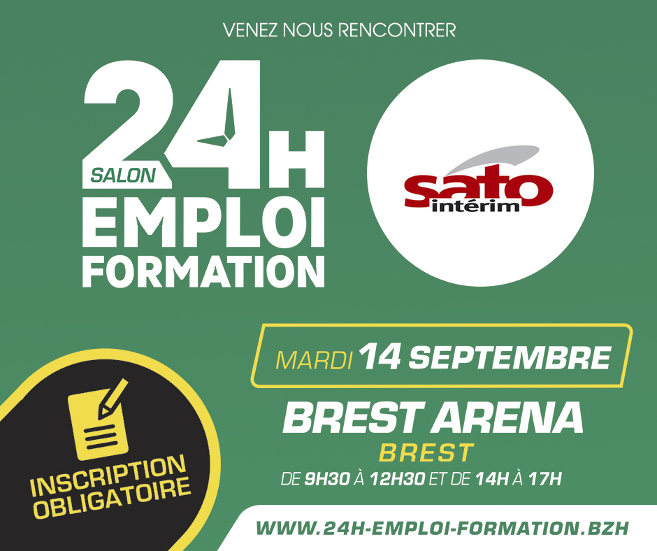 Retrouvez le Groupe SATO aux 24 heures pour l'#Emploi et la #Formation le mardi 14 septembre à l'Arena à #Brest.
Venez nous rencontrer !

24h-emploi-formation.com/brest-2021
groupe-sato.bzh

#interim #insertion #forumemploi #brestarena #emploibrest #emploifinistere #groupesato