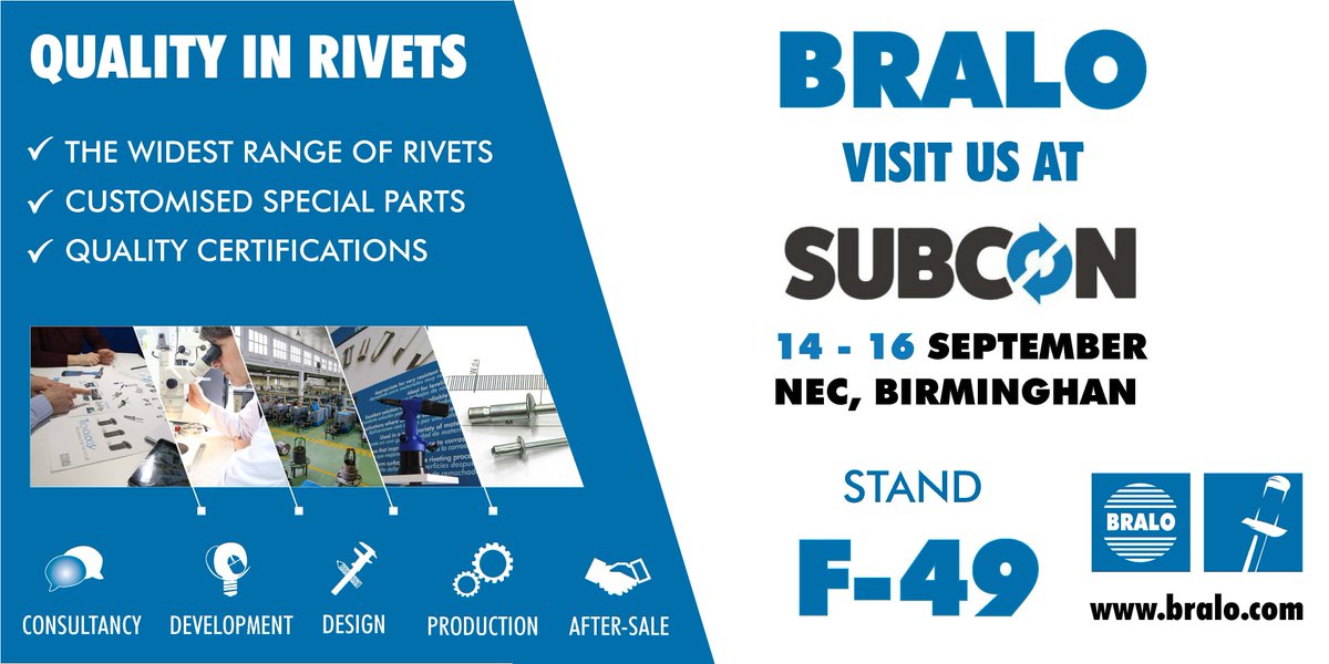 BRALO_es's tweet photo. See you tomorrow at @SubconShow! We are waiting for you at stand F-49 to advise you on #fixings for your industry. The BRALO UK  is a #supplier with over 40 years of experience in designing #rivets and customised parts. WE ARE #MANUFACTURER, WE ARE EXPERTS https://t.co/JirrUbo0GD