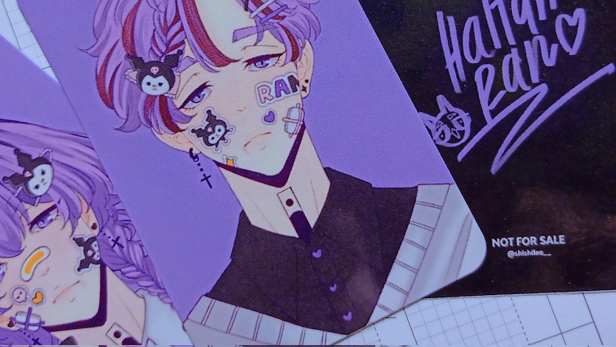 purple hair purple eyes bandaid earrings jewelry 1boy bandaid on face  illustration images