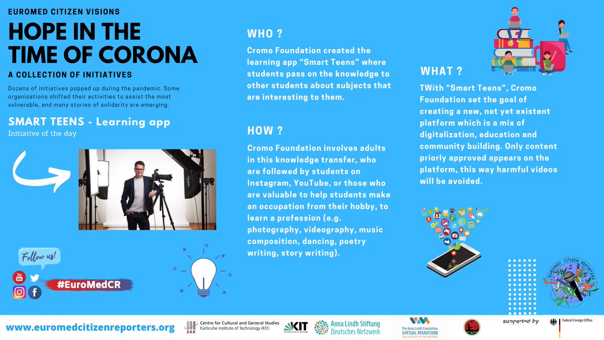 #initiativeoftheday: As reaction to the online learning during the lockdown in the Covid-19 pandemic in 2020, <a href="/CromoFoundation/">Cromo Foundation</a> invented the learning app 𝗦𝗠𝗔𝗥𝗧 𝗧𝗘𝗘𝗡𝗦 which combines digitalization, education and community building. cromofoundation.org/smartteens/ 
#euromedcr