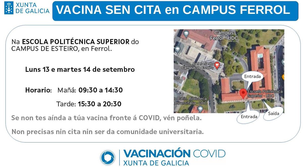 #ComunidadeUDC Protéxete fronte á COVID coa vacina. Non necesitas cita previa. Achégate! @UDC_gal @EpsUdc 📅 Luns 13/SETEMBRO 🕤 09:30 a 14:30 e de 15:30 a 20:30 h 📅 Martes 14/SETEMBRO 🕤 09:30 a 14:30 e de 15:30 a 20:30 h 📍 Escola Politécnica Superior do #CampusFerrol