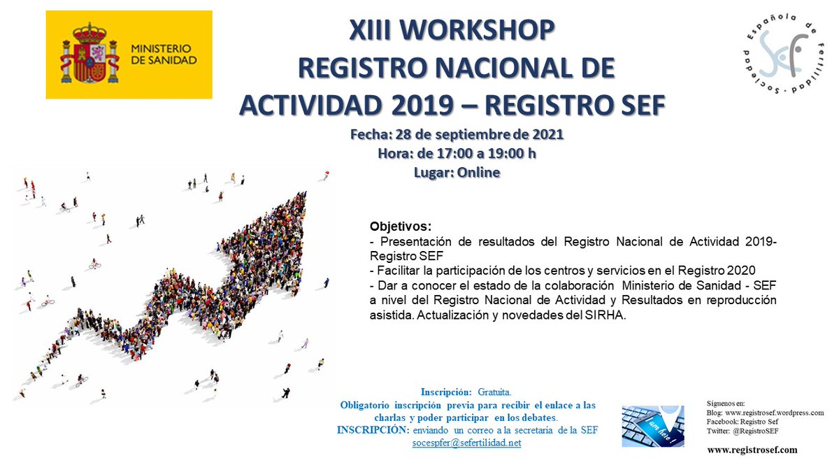 RegistroSEF's tweet photo. 28 de Septiembre: Workshop anual del Registro Nacional de Actividad - Registro SEF, donde se presentarán los resultados correspondientes al año 2019. Además os adelantaremos las novedades del Registro 2020 y tendremos una actualización de la plataforma SIRHA
Un saludo https://t.co/If8BG6PvlQ