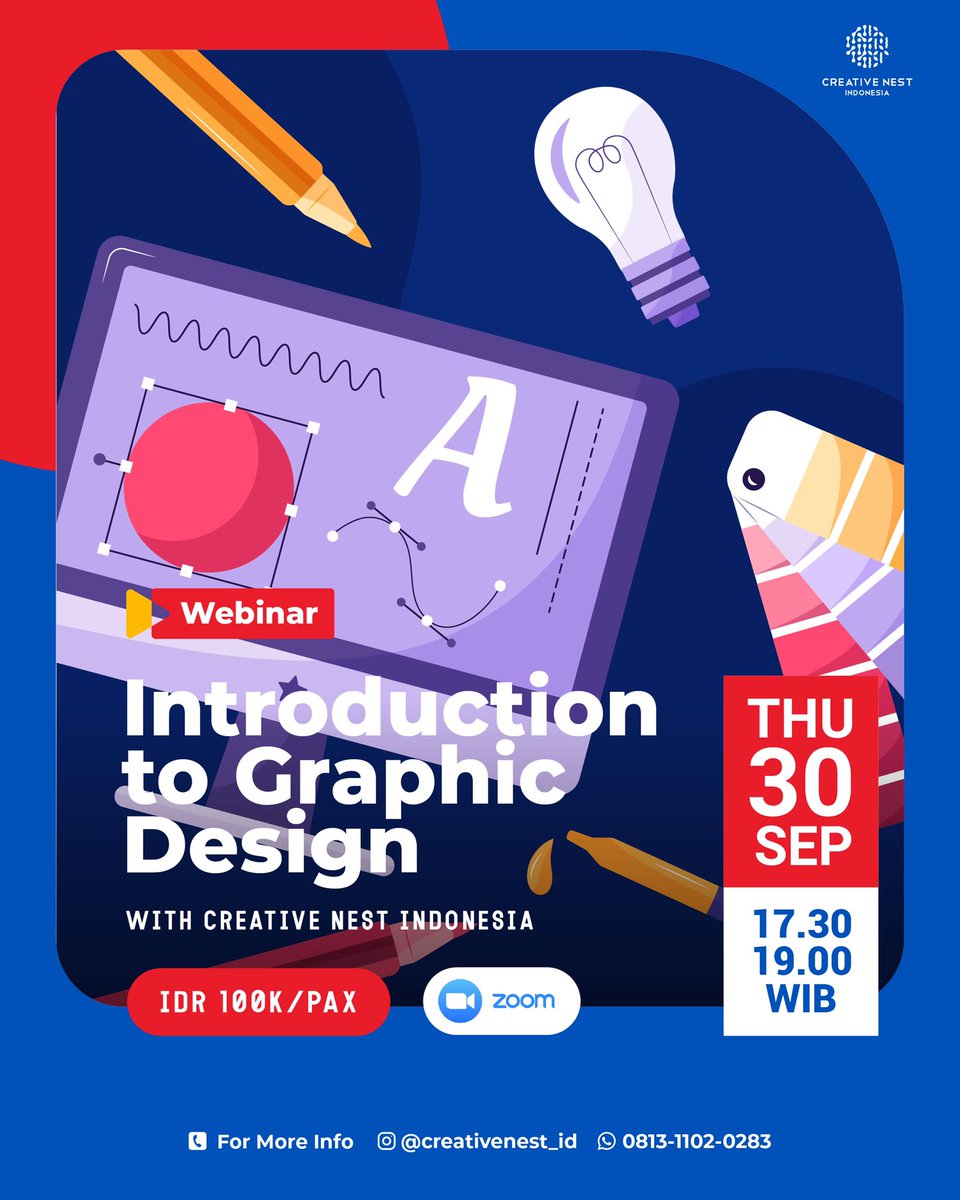 Creativenest_id's tweet photo. Untuk menghasilkan karya yang baik sebaiknya kita harus memahami dulu dasar-dasar dari desain grafis itu sendiri.
Nah, CNI punya kelas INTRODUCTION TO GRAPHIC DESIGN yang membahas dasar-dasar desain grafis,dari teori warna, tipografi, layout, hirarki, dan elemen penting lain. https://t.co/o3DBUh6ORd