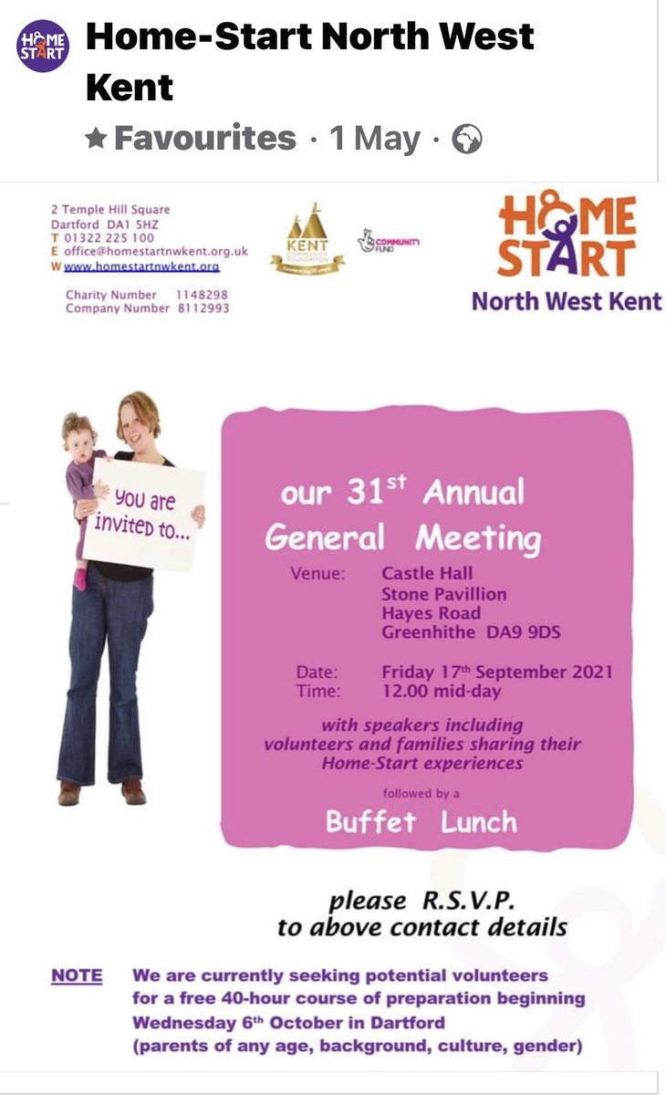 HStartnwkent's tweet photo. AGM this Friday. Please let us know if you would like to attend ๐ #homestartuk
#Kentmessenger
#dartfordcommunity
#dartfordtogether
#welovedartford
#instagood
#ukcharity
#givealittlelove
#volunteeringisfun
#togetherwecanmakeadifference #becausechildhoodcantwait https://t.co/iT7pEyjvFJ