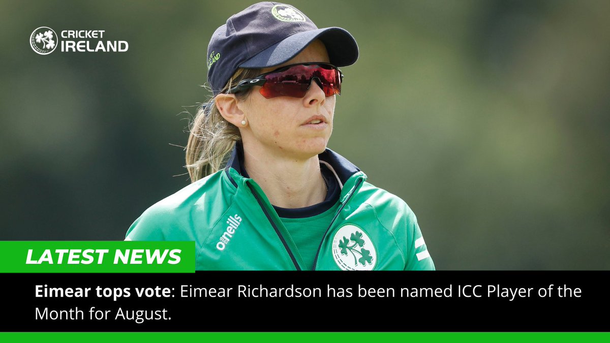 cricketireland's tweet photo. 🥇 EIMEAR AWARD

Our own @erichardson8 has been named @ICC Player of the Month for August!

➡️ Read more: https://t.co/U6MwRTpO0j

#GoEimear #BackingGreen ☘️🏏 https://t.co/3IxlRaDAKF