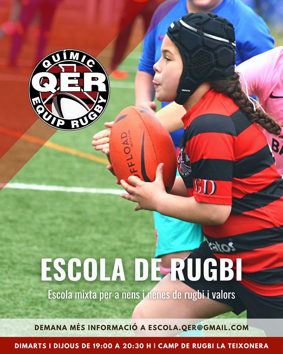 Quimic Equip Rugby (@quimicrugby) on Twitter photo Demà comença l'Escola de rugbi del Químic 🏉 Esteu preparats?
📍 CEM La Teixonera
📅 Dimarts i dijous
🕖 De 19:00 a 20:30 h
🐭 A partir de 5 anys
Vine a provar i gaudeix de l'esport en família! Demana més informació a info@quimicrugby.com
#rugbi #rugby #escolarugby #rugbykids Demà comença l'Escola de rugbi del Químic 🏉 Esteu preparats?
📍 CEM La Teixonera
📅 Dimarts i dijous
🕖 De 19:00 a 20:30 h
🐭 A partir de 5 anys
Vine a provar i gaudeix de l'esport en família! Demana més informació a info@quimicrugby.com
#rugbi #rugby #escolarugby #rugbykids