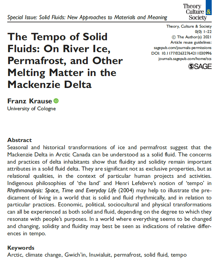 anthrodelta's tweet photo. "The Tempo of Solid Fluids: On River #Ice, #Permafrost, and Other Melting Matter in the #MackenzieDelta" hot off the (electronic) press with @TCSjournalSAGE https://t.co/QK88iyaDEe - part of SI "Solid Fluids: New Approaches to Materials and Meaning" https://t.co/JdEQaRLoQ1