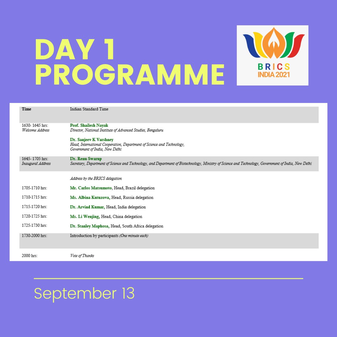 BRICS_YSF's tweet photo. BRICS YSF DAY 1 Programme 
Tune into our updates to watch the programme live!

#BRICS #NIAS #DST #Brazil #Russia #India #China #Southafrica https://t.co/luu0WXTcBL