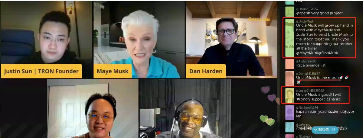 😬Thanks mom <a href="/mayemusk/">Maye Musk</a>，supporting Uncle Musk in the live broadcast again.Your support is our biggest motivation. ✊We dominate the screen again and did not disappoint you.
👏<a href="/elonmusk/">Elon Musk</a> <a href="/justinsuntron/">H.E. Justin Sun 👨‍🚀 🌞</a> Welcome you to join.
🚀Let's send Uncle Musk to the moon with mom.