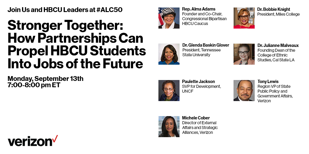 As part of <a href="/CBCFInc/">CBCF Inc.</a>’s #ALC50, <a href="/VerizonPolicy/">Verizon Policy</a> convened a discussion w/ #HBCU leaders about the power of partnership and the efforts of Verizon's CSR team to collaborate with HBCUs to build a stream of talent that’s ready to thrive. Tune in today @ 7 pm ET.  cbcfinc.org/ALC