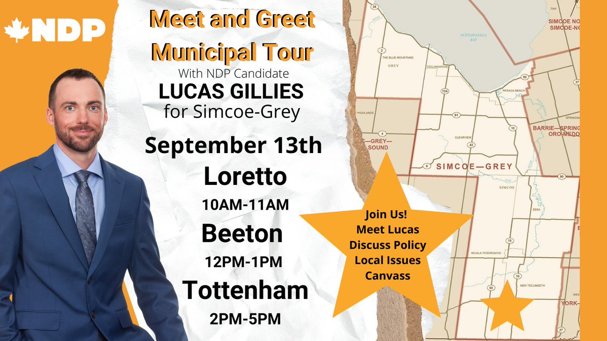 SimcoeGreyNDP's tweet image. The first stop on day one of Lucas's tour is Loretto, then to Beeton and finally Tottenham! Lucas will be on the main streets visiting businesses and chatting with residents he meets along the way! #Elxn44 #Tottenham #Beeton #Loretto #NewTec #VoteNDP #SimcoeGrey