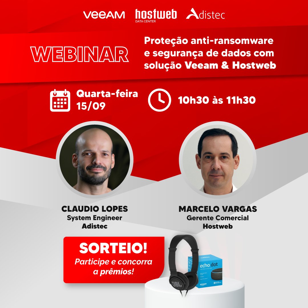 suahostweb's tweet photo. 🗓Está chegando o grande dia! Nesta quarta-feira (15/09), a Hostweb Data Center em parceria com a Veeam Software, realizarão um Webinar sobre proteção anti-ransoware e segurança de dados.

✅Inscreva-se agora mesmo gratuitamente. CLIQUE AQUI: https://t.co/HfC1pXJ2Uc https://t.co/sy4HxcYWE7